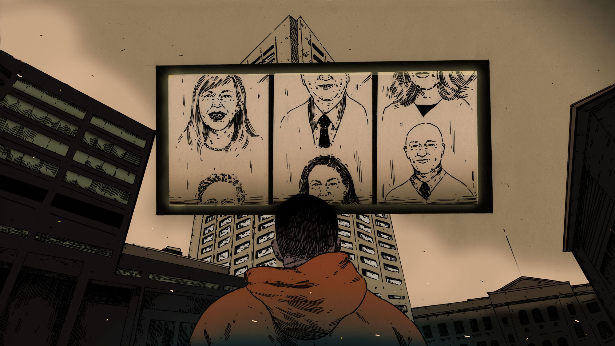 An illustration shows the back of a Black man looking up at a tall building, the Cuyahoga County Justice Center. In front of the building is a panel of three portraits, representing a roulette of judges.