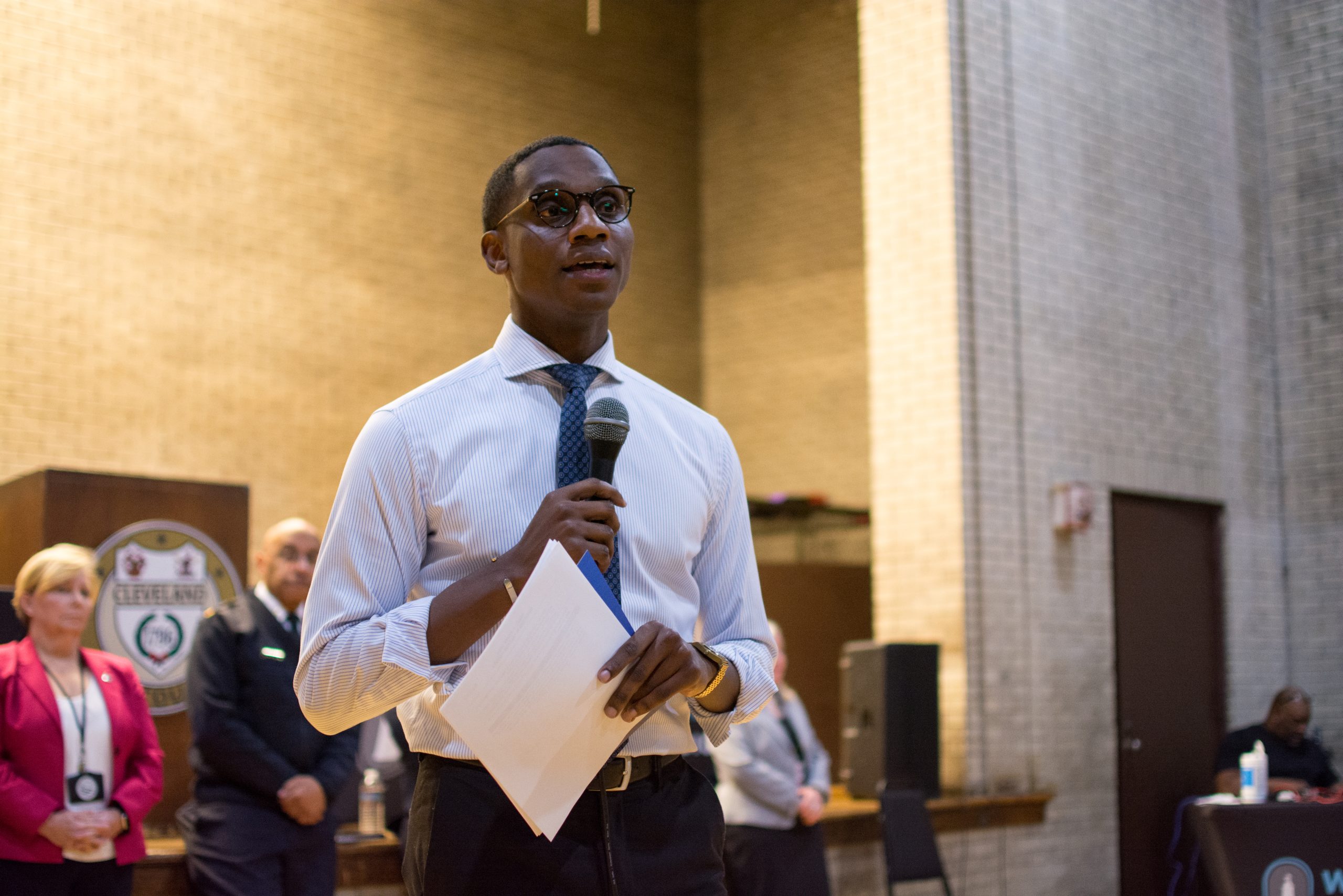 Mayor Justin Bibb speaks at a community meeting at the Phillis Wheatley Association in the Central neighborhood.