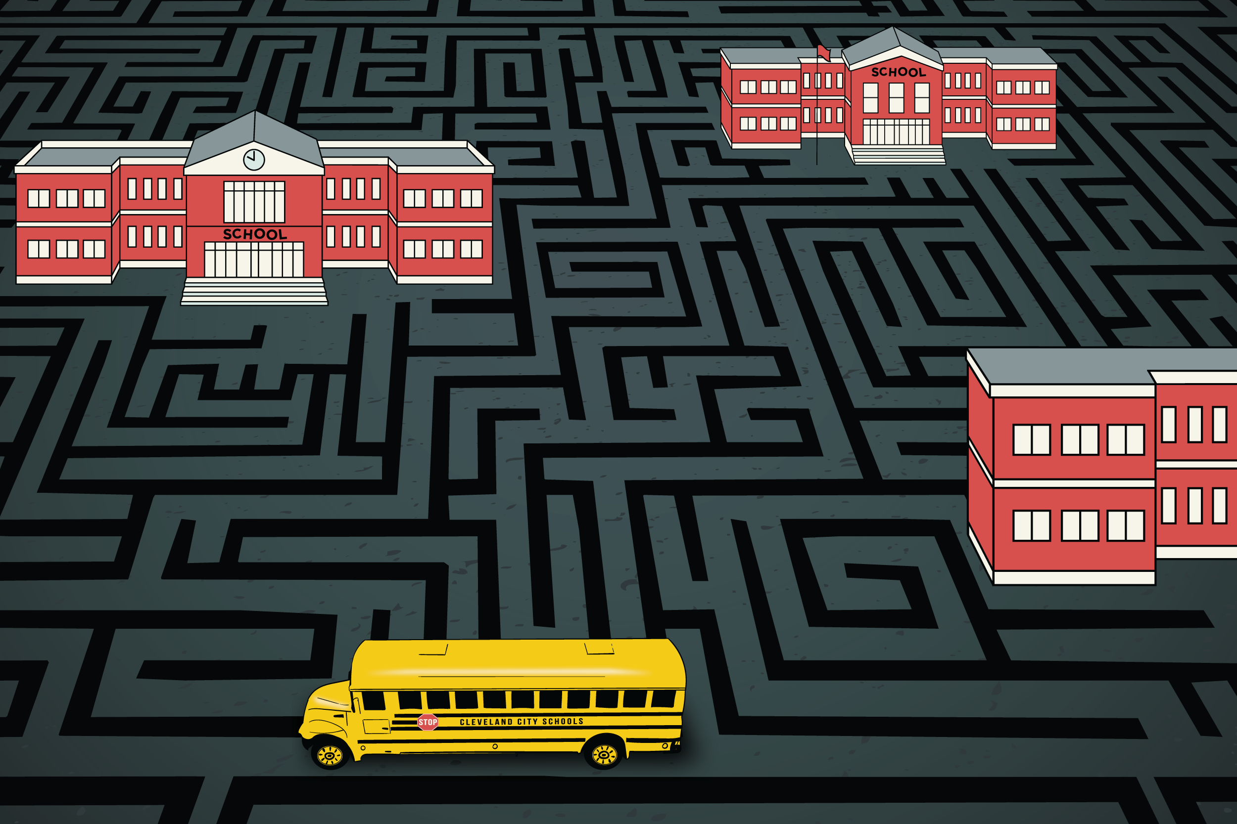 An illustration with a maze that shows different school buildings and a school bus.