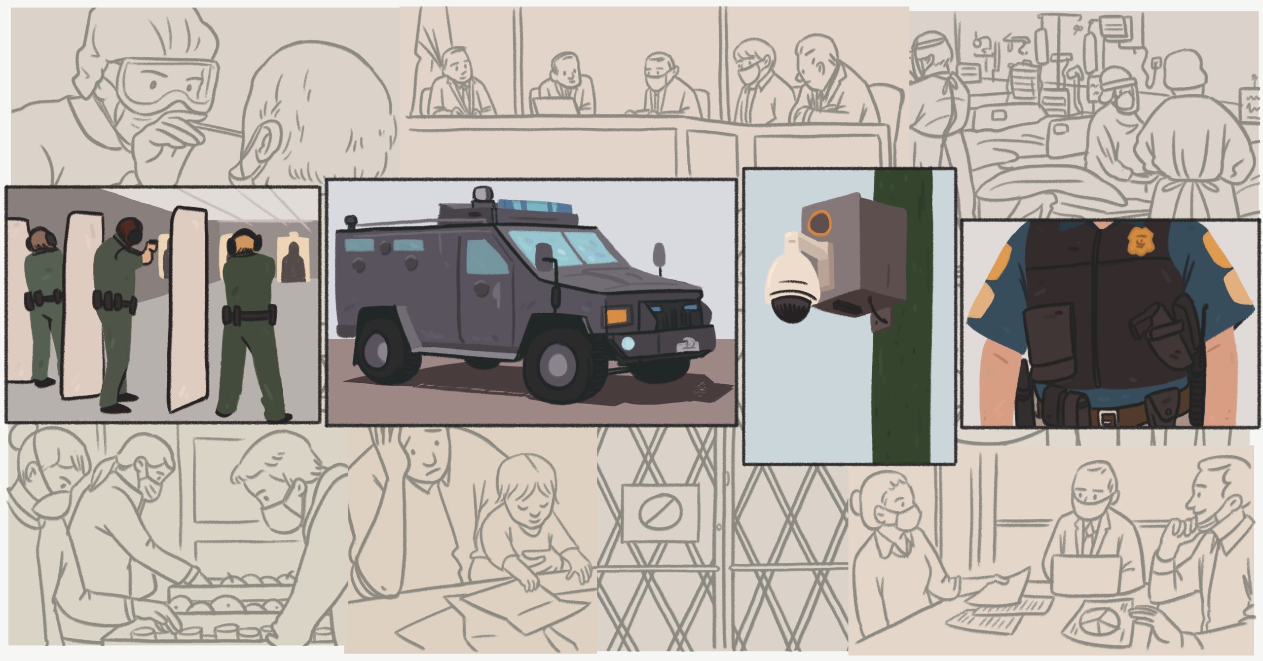 A collage illustration of families sitting at their dinner tables, as well as police officers at a firing range, a video surveillance camera and a police vest.