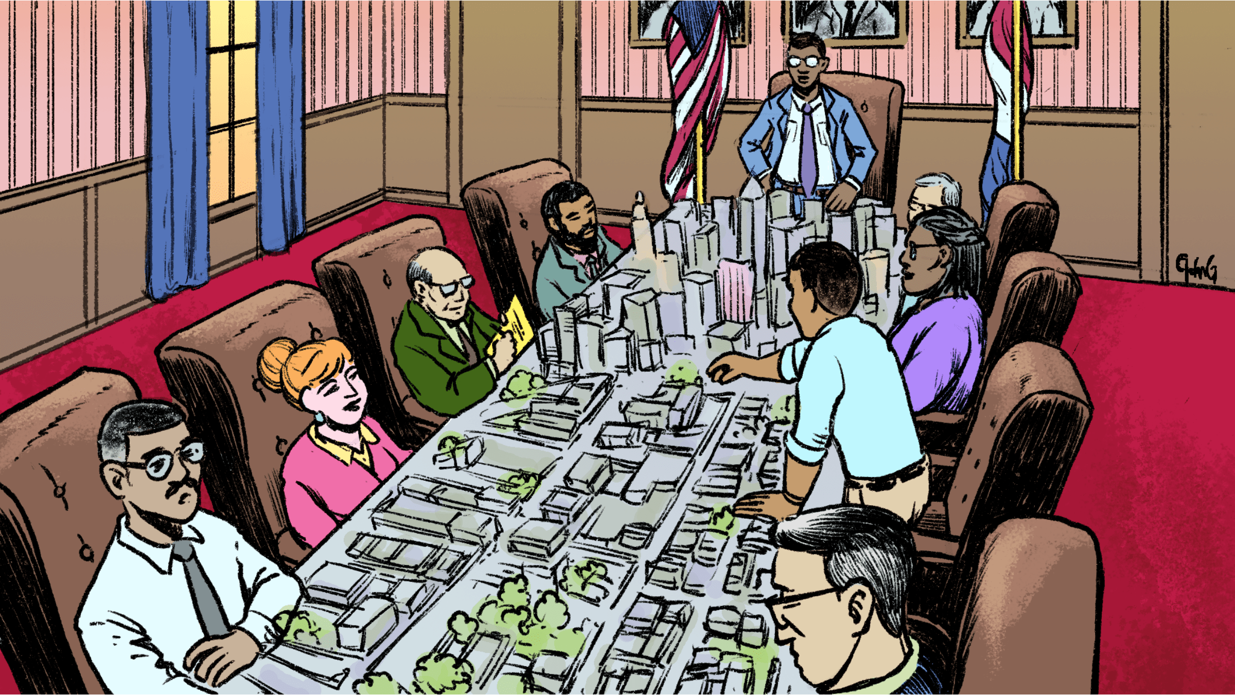 Illustration of the Red Room at Cleveland City Hall, which has red carpet and pink walls. People are seated around a large table.