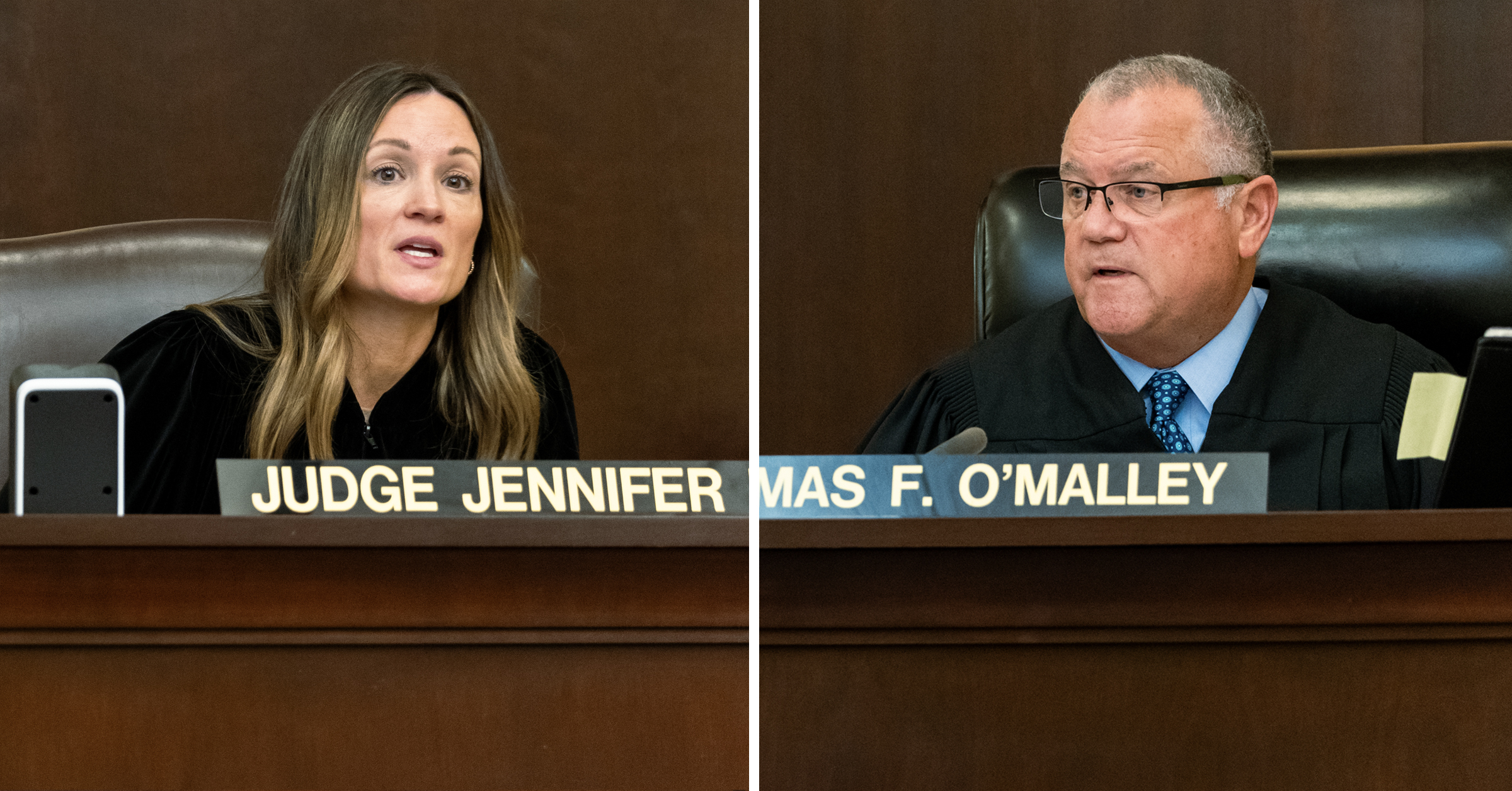 A diptych photo shows Judge Jennifer O'Malley, left, a White woman, and Judge Thomas F. O'Malley, right, a White man, in judge's robes and seated in a courtroom.