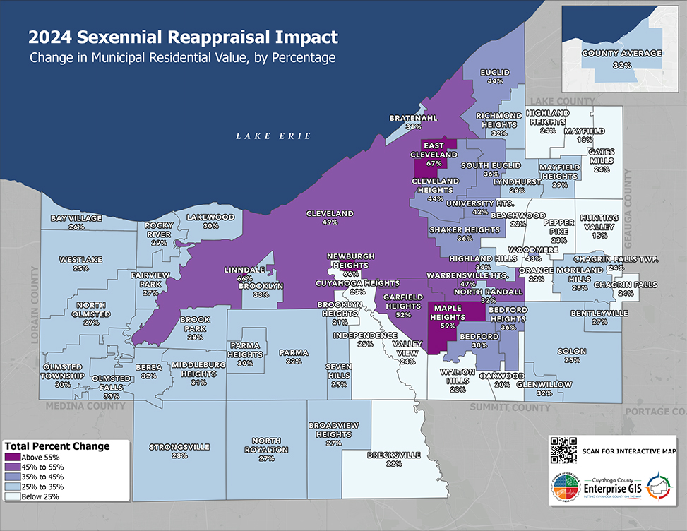 A map of property value increases by city across Cuyahoga County.