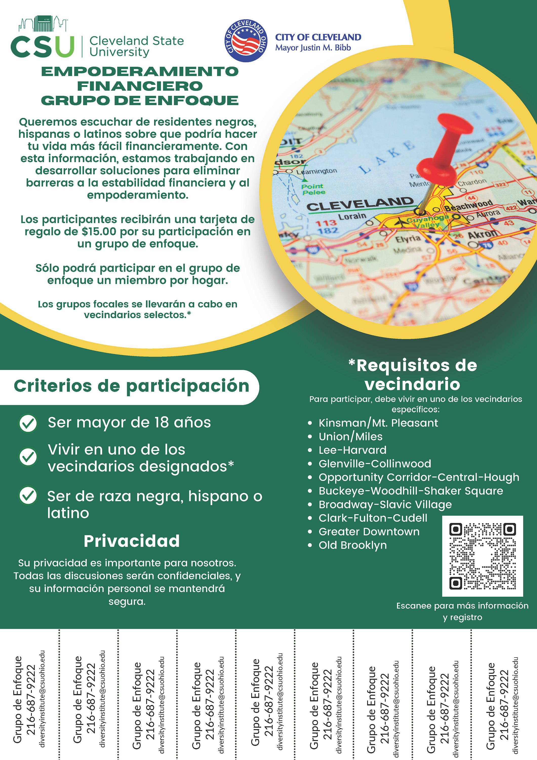 This is the Spanish language flier for the Financial Empowerment Group Cleveland State University is conducting for the City of Cleveland. The Flier has a green and white background with yellow text.