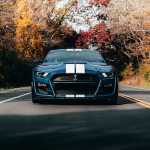 A blue Mustang representing Auto insurance.