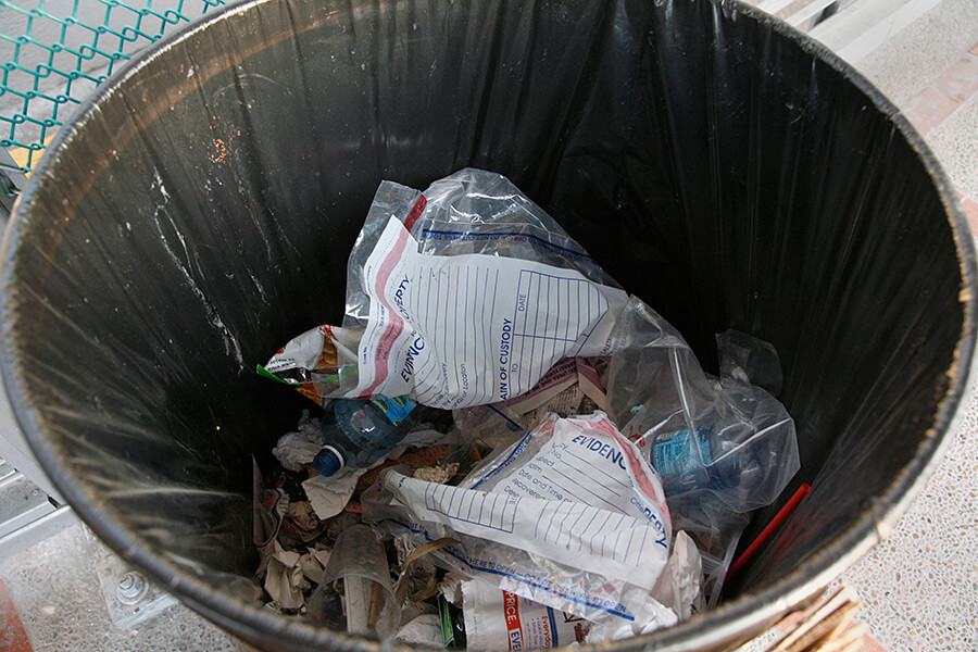 Susan Harbage Page, Garbage can with evidence bags, Matamoros, Mexico, 2010.