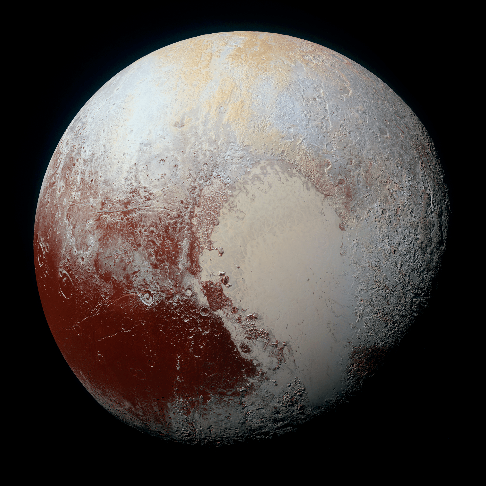 Enhanced color global view of Pluto, taken in 2015 when NASA’s New Horizons spacecraft was 280,000 miles away. Credit: NASA