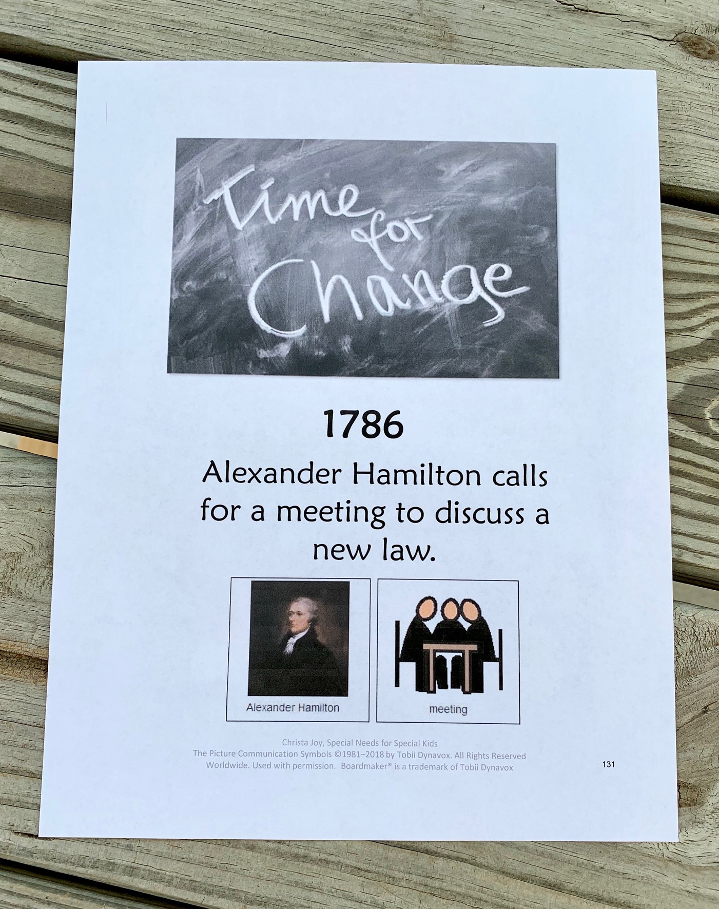 1786 Timeline card: Alexander Hamilton calls for a meeting to discuss a new law.
