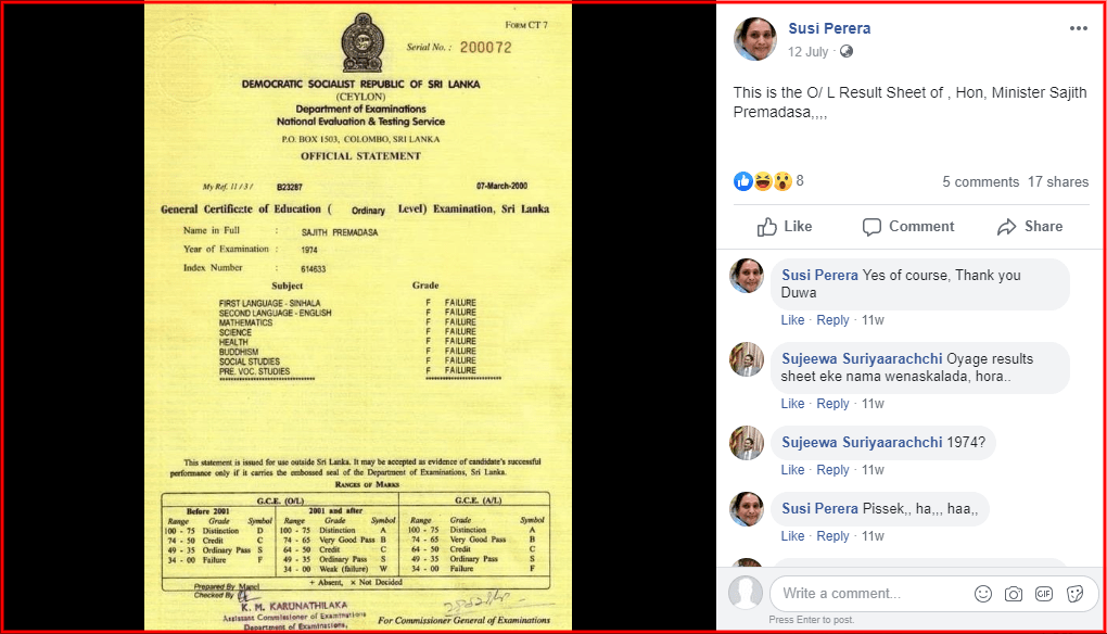 Royal College Issued An O L Certificate For Sajith Premadasa In 1984 Factcrescendo Sri Lanka English