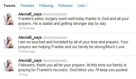 Alexia Echevarria tweets about her son Frankie's car accident in August 2011