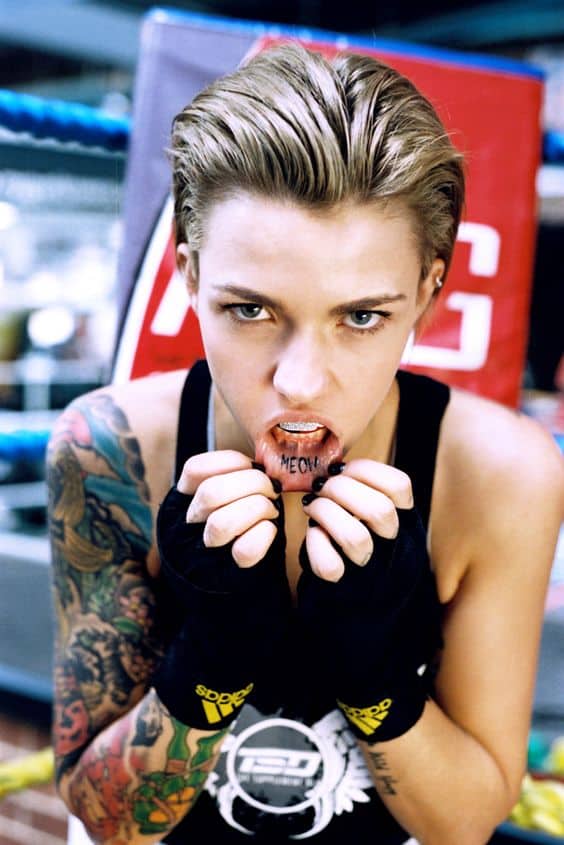 Ruby Rose meow lip tattoo