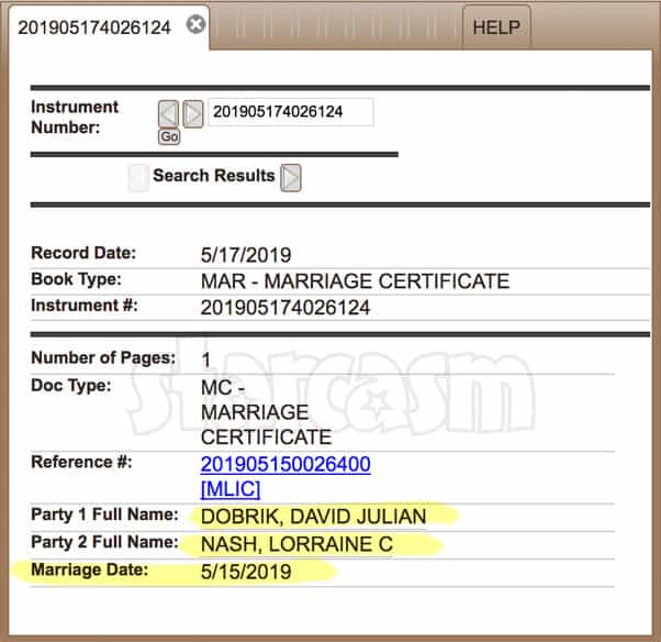 David Dobrik marriage certificate record