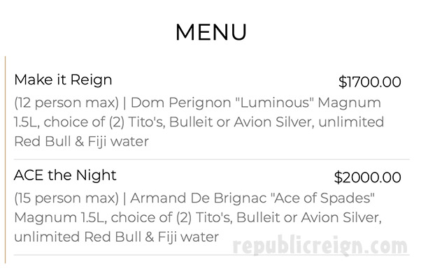 Republic Garden and Lounge Party Drinks menu