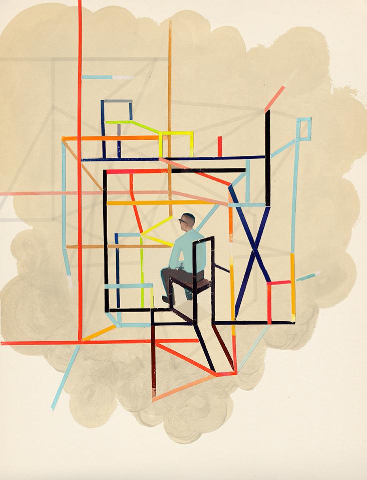 colorful painting of man sitting with abstract structure around him