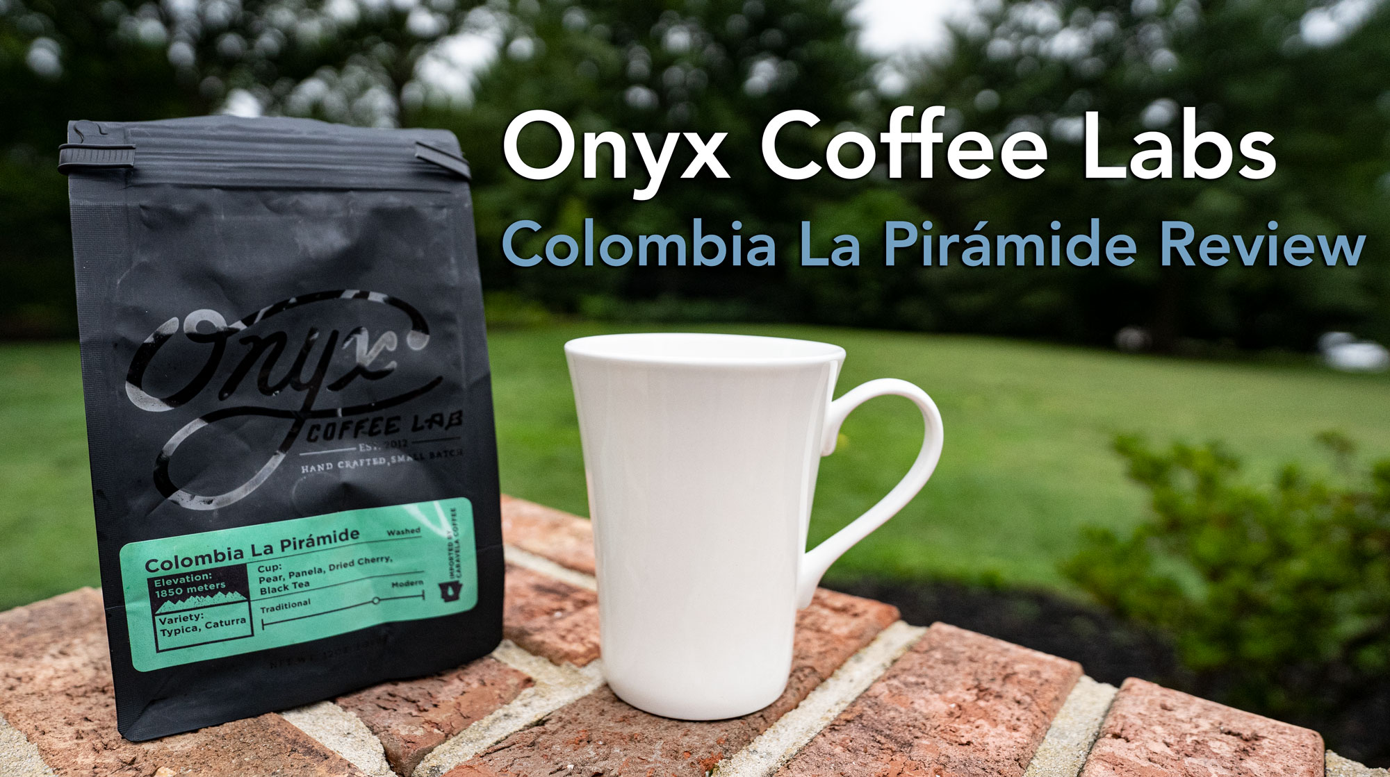 Onyx Colombia La Piramide coffee bag and mug used for a review