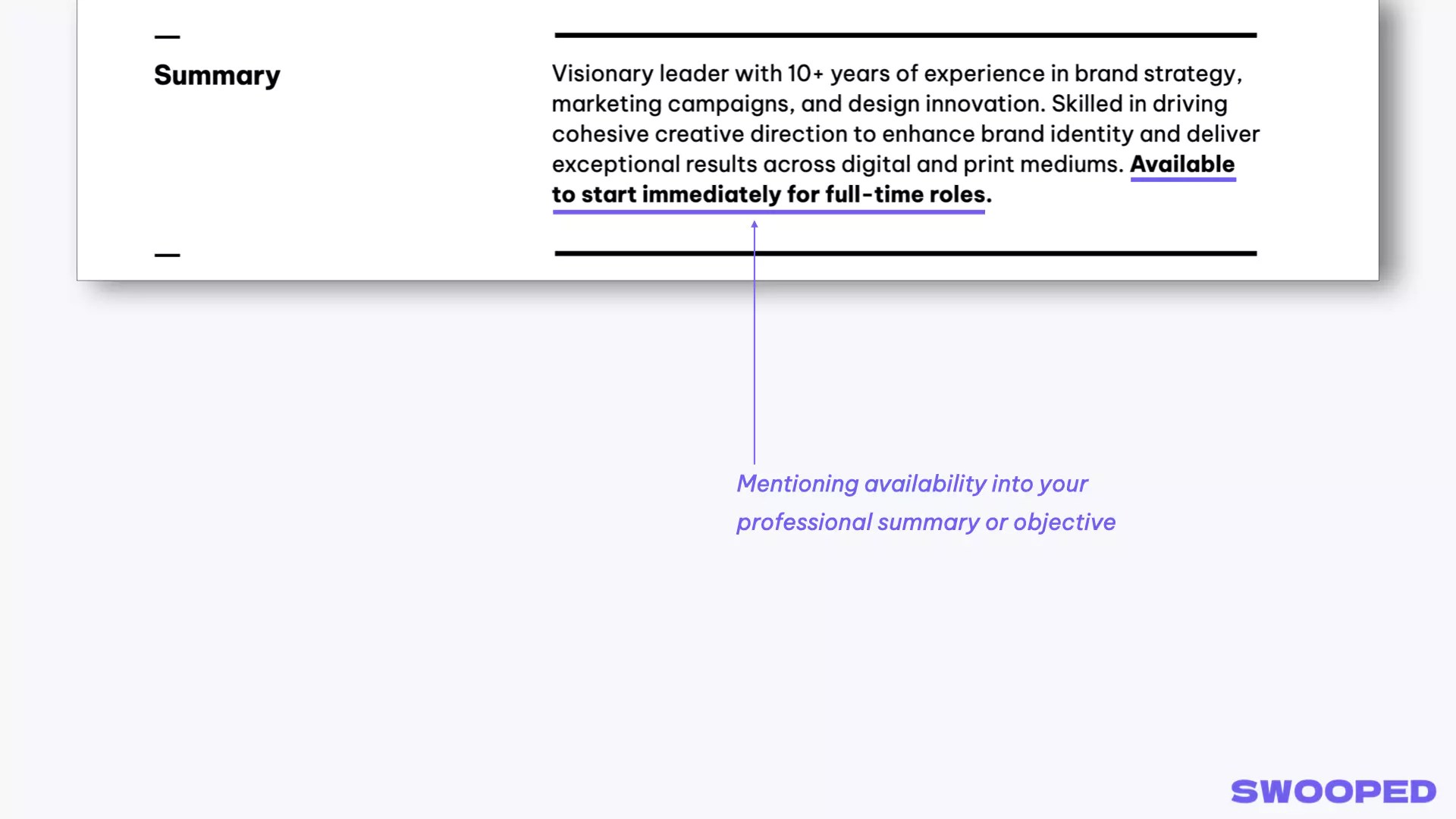 availability in resume in the professional summary section