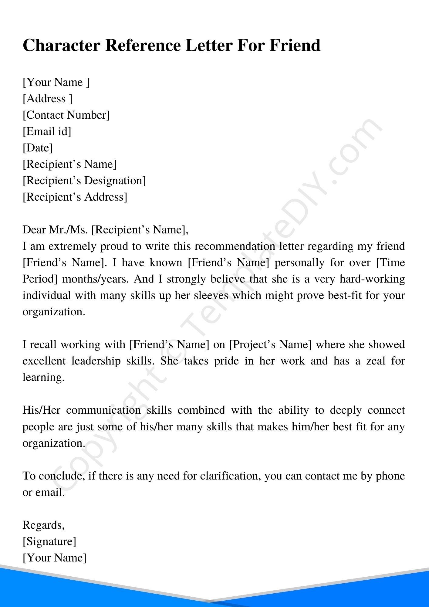 Character Reference Letter For A Friend Template In Pdf Word