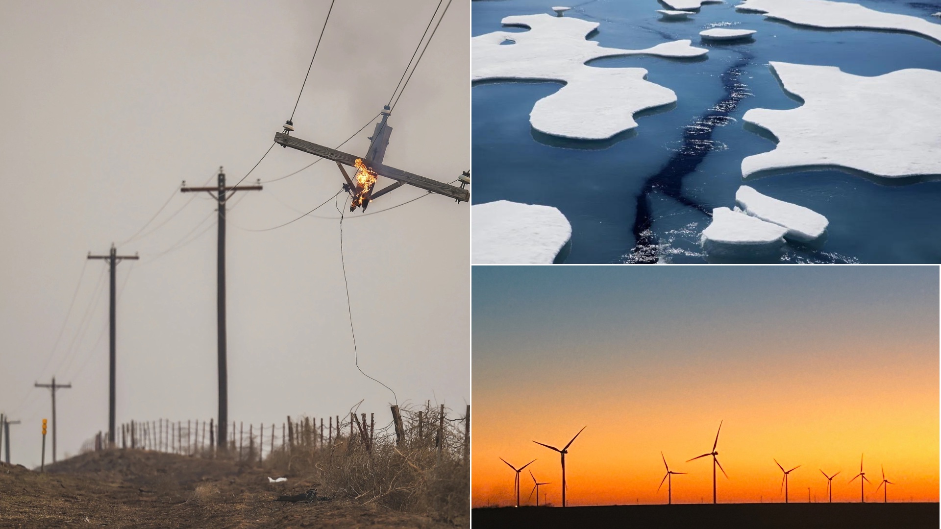 A collage image showing a burning telephone during the Smokehouse Creek Fires, a patch of broken sea ice, and a wind farm. 2023 broke climate change records which are expected to carryon in 2024.