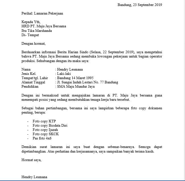 15 Contoh Surat Lamaran Kerja Di Pabrik Kabel Kumpulan Contoh Surat