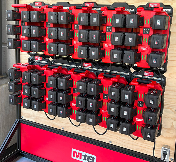 Milwaukee M18 Packout Rapid Chargers Mounted to Wall and Connected