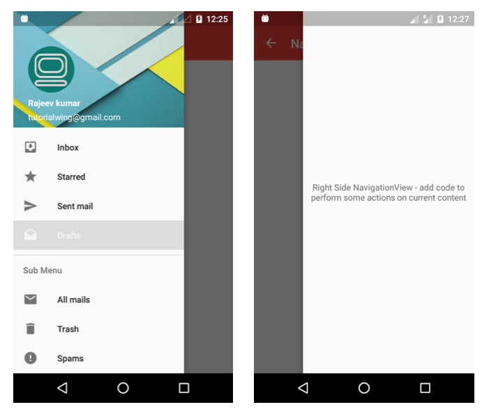 Tutorialwing - Android NavigationView Tutorial Output