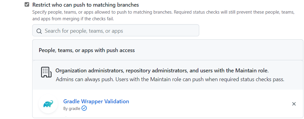 Image of adding a GitHub App as an exception to a branch protection setting