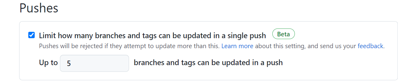 Image showing the setting labeled "Limit how many branches and tags can be updated in a single push."