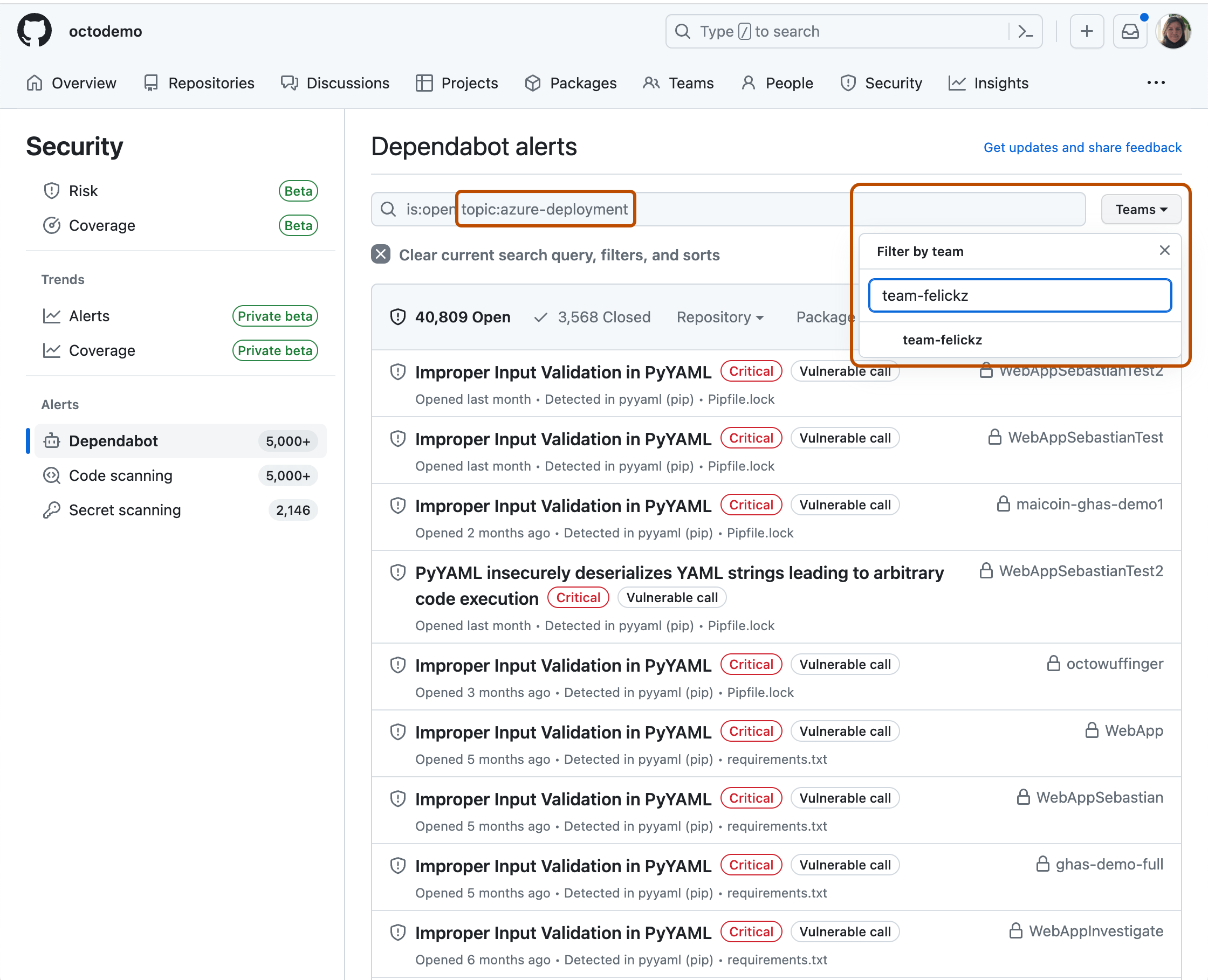 Dependabot page filtered by repository topic and showcasing team drop-down