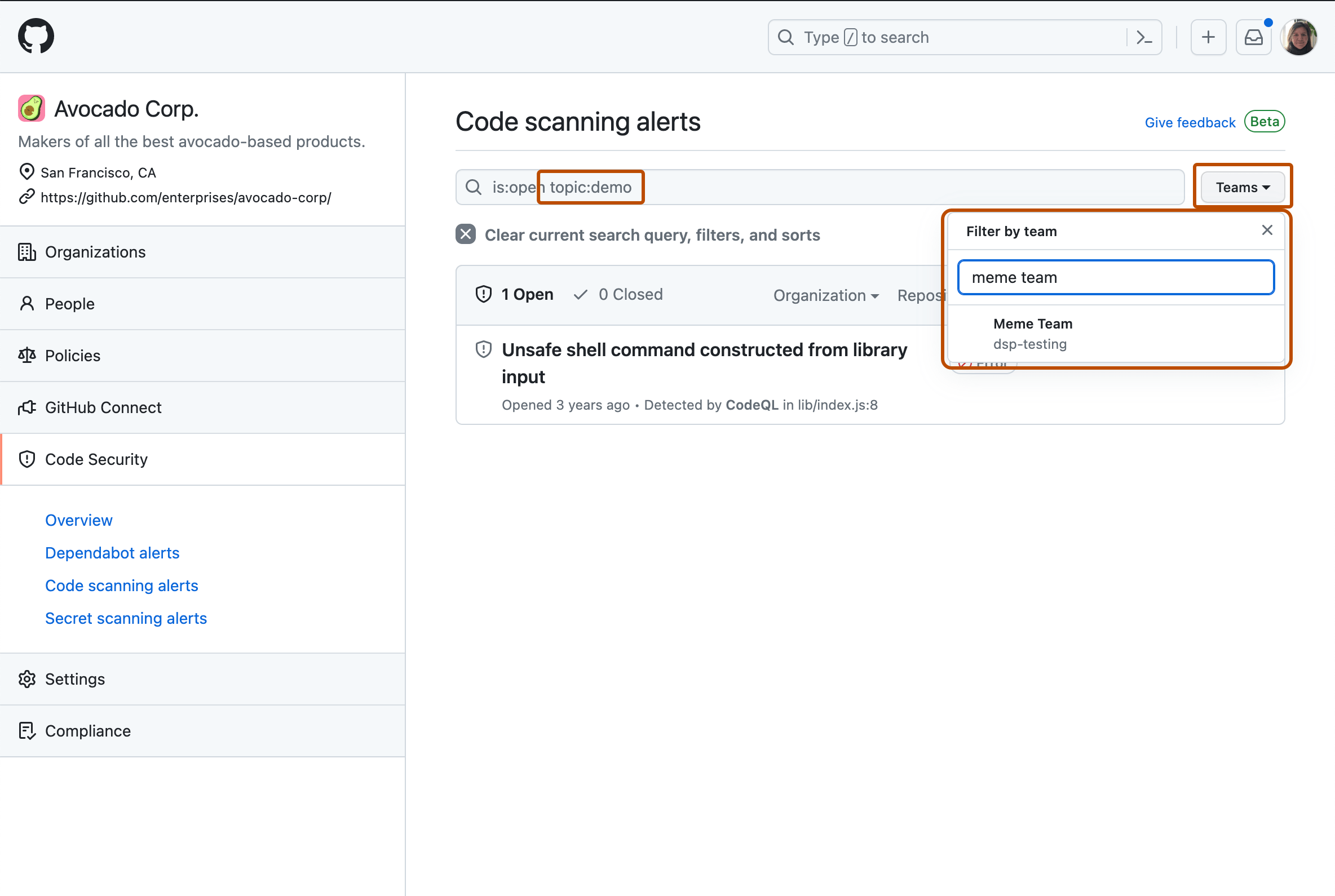 Code scanning enterprise-level page filtered by repository topic and showcasing the team drop-down