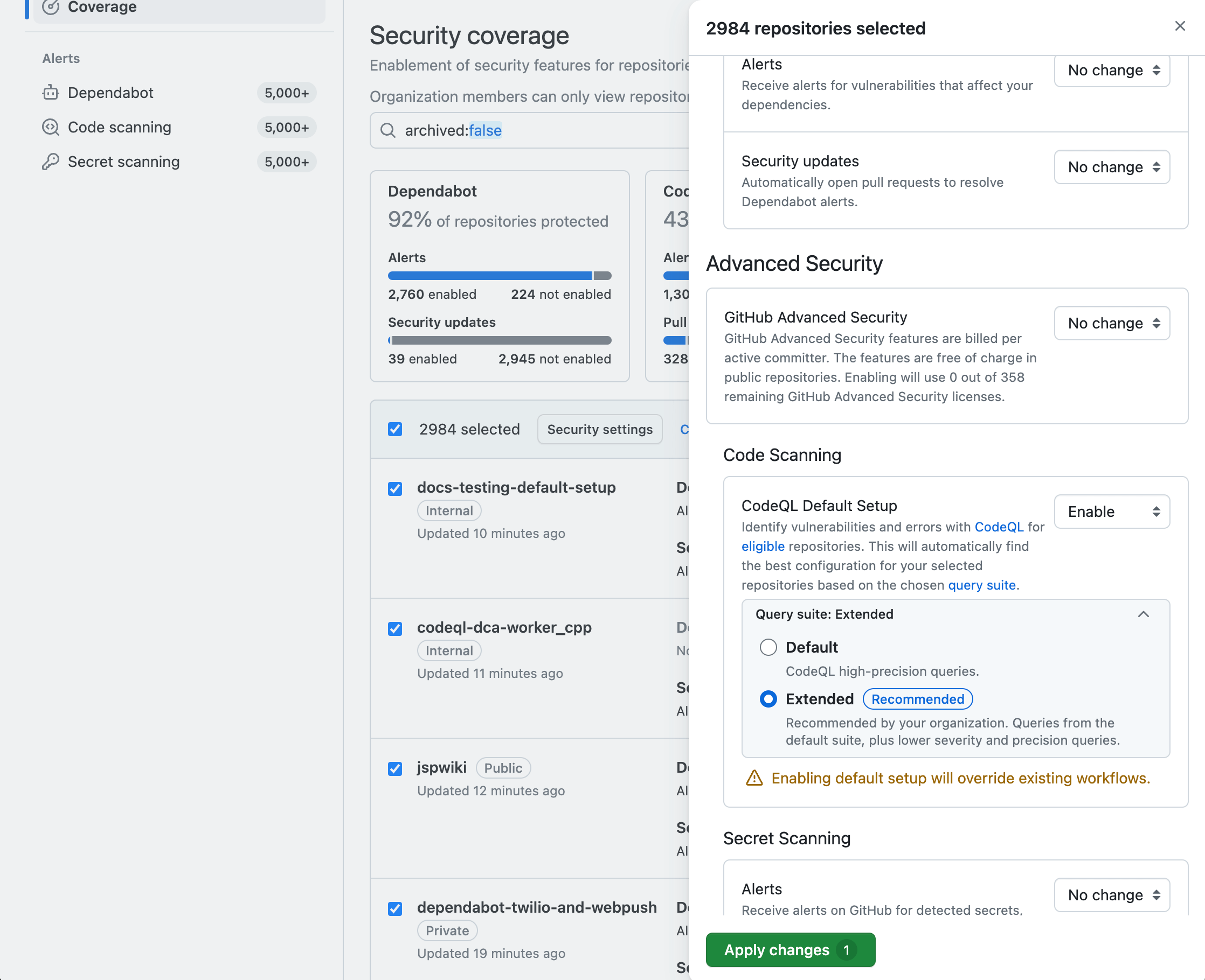 The multi-repo enablement panel on the security coverage page with a focus on code scanning enablement and the new query suite selection menu