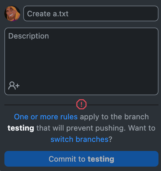 GitHub Desktop’s commit message area, showing a generic error for a failed repository rule