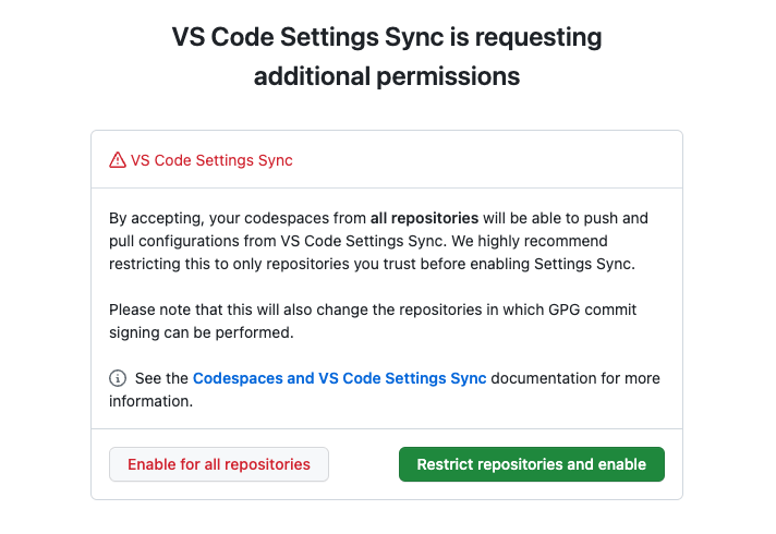 VS Code Settings Sync is requesting additional permissions when all repositories are trusted
