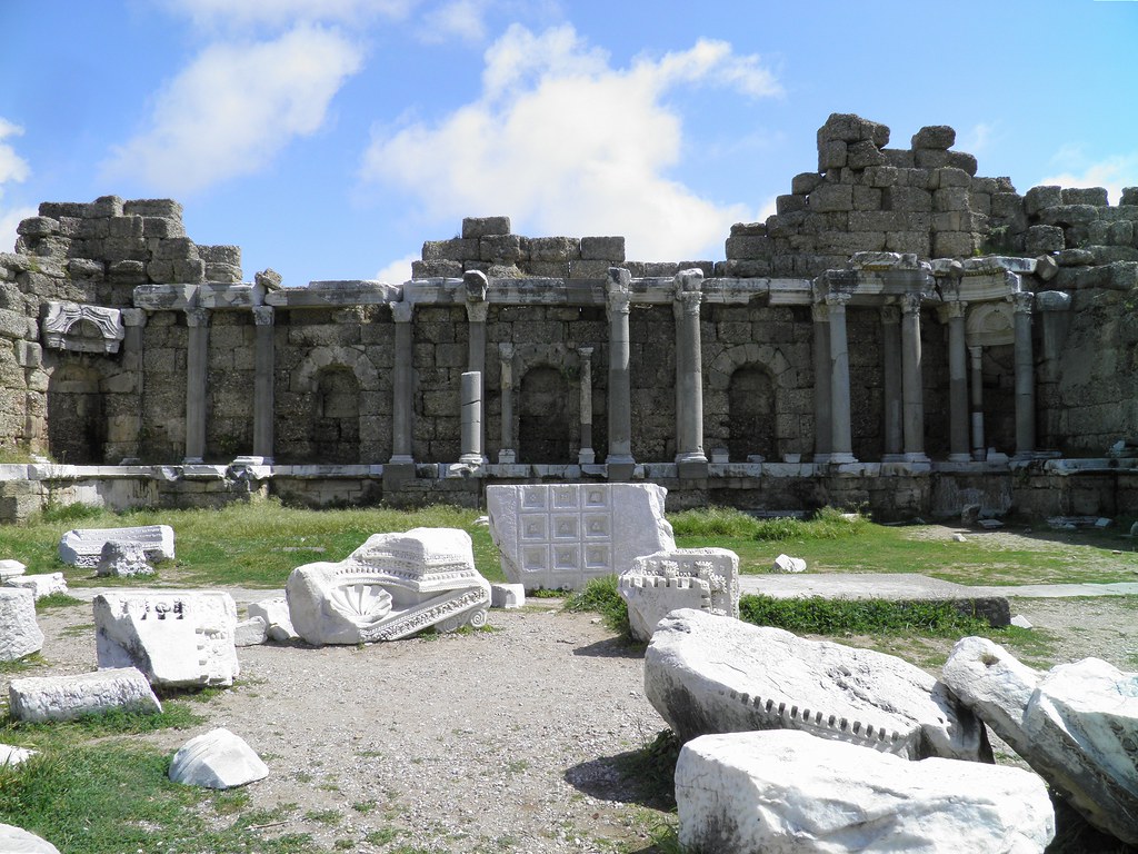 The eastern building of the 2nd century AD Agora, the central hall was decorated with imperial sculptures, Side, Pamphylia, Turkey