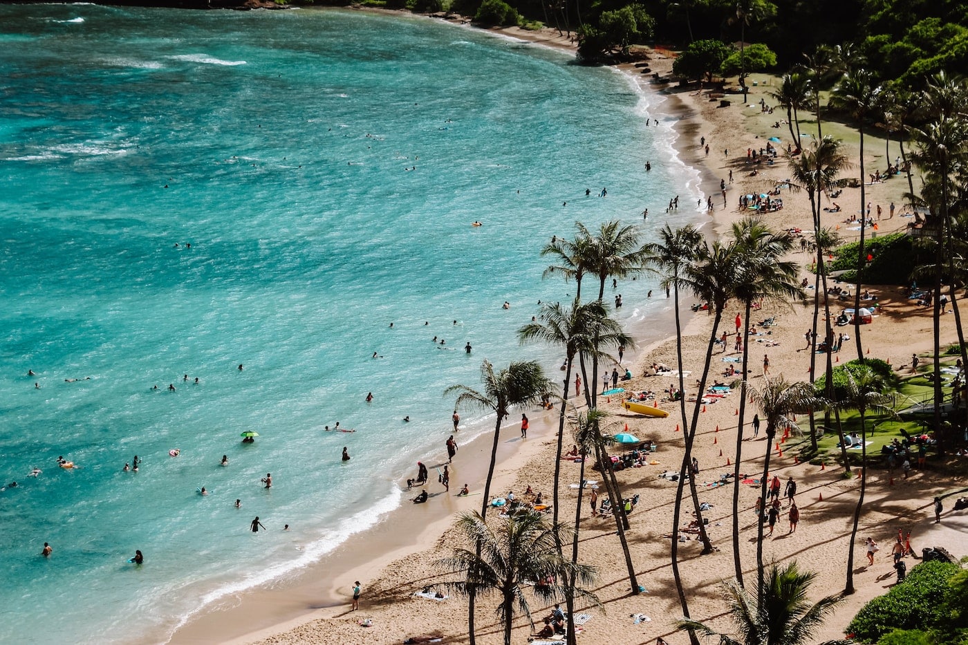 group of people on beach surrounded by green leafed trees-best summer vacation spots in the us