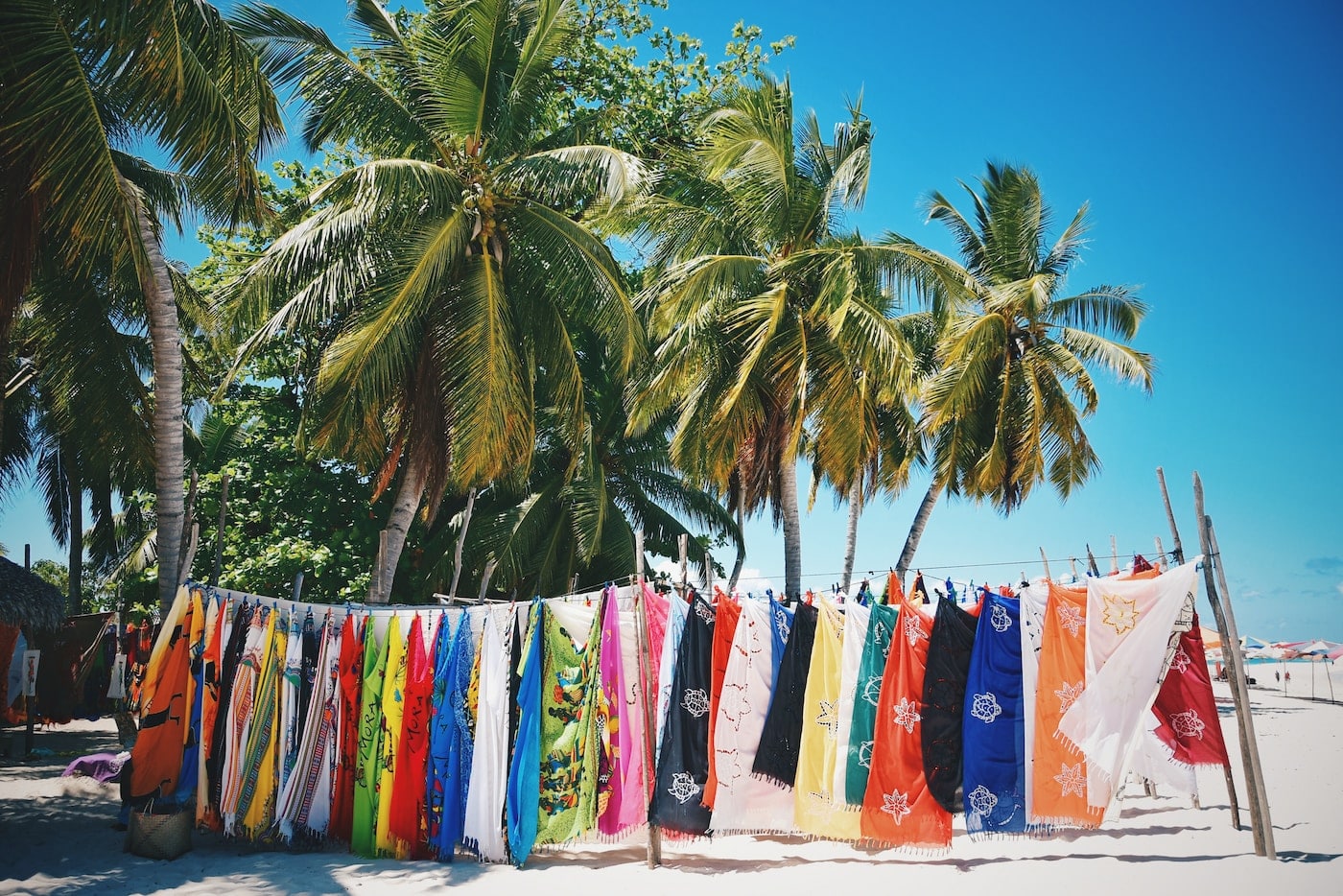 assorted color textiles on green coconut pal-Madagascarm tree under blue sky during daytime-exotic holidays