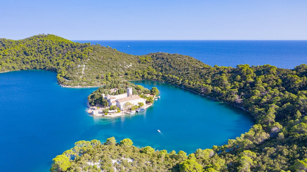 Aerial view of St. Mary Island in Mljet National Park, Croatia