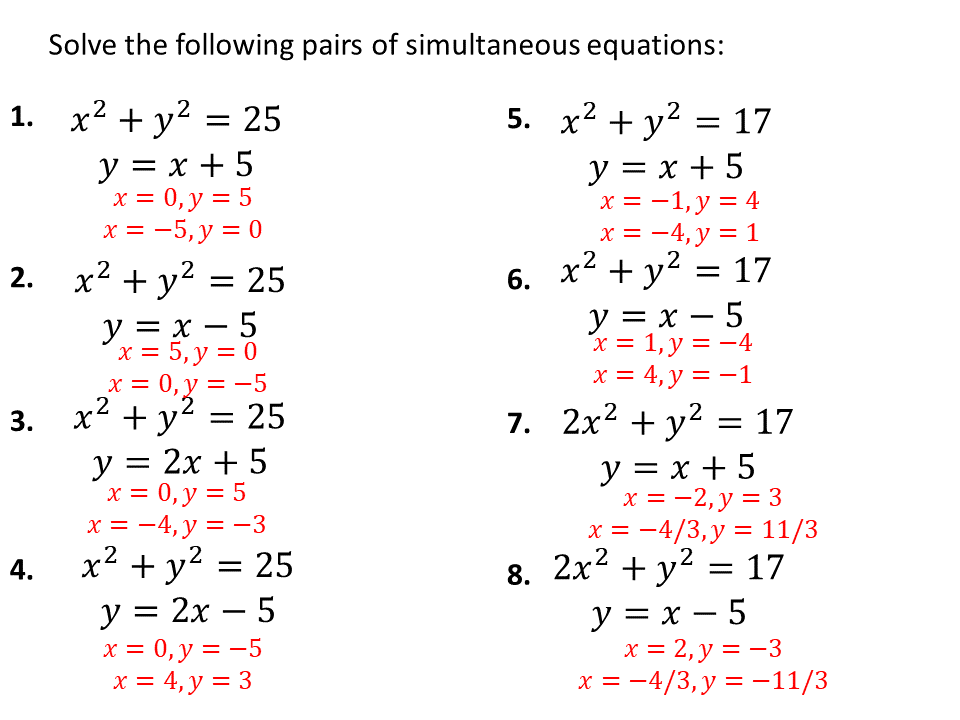 Quadratic Simultaneous Equations 3 Exercises Variation Theory