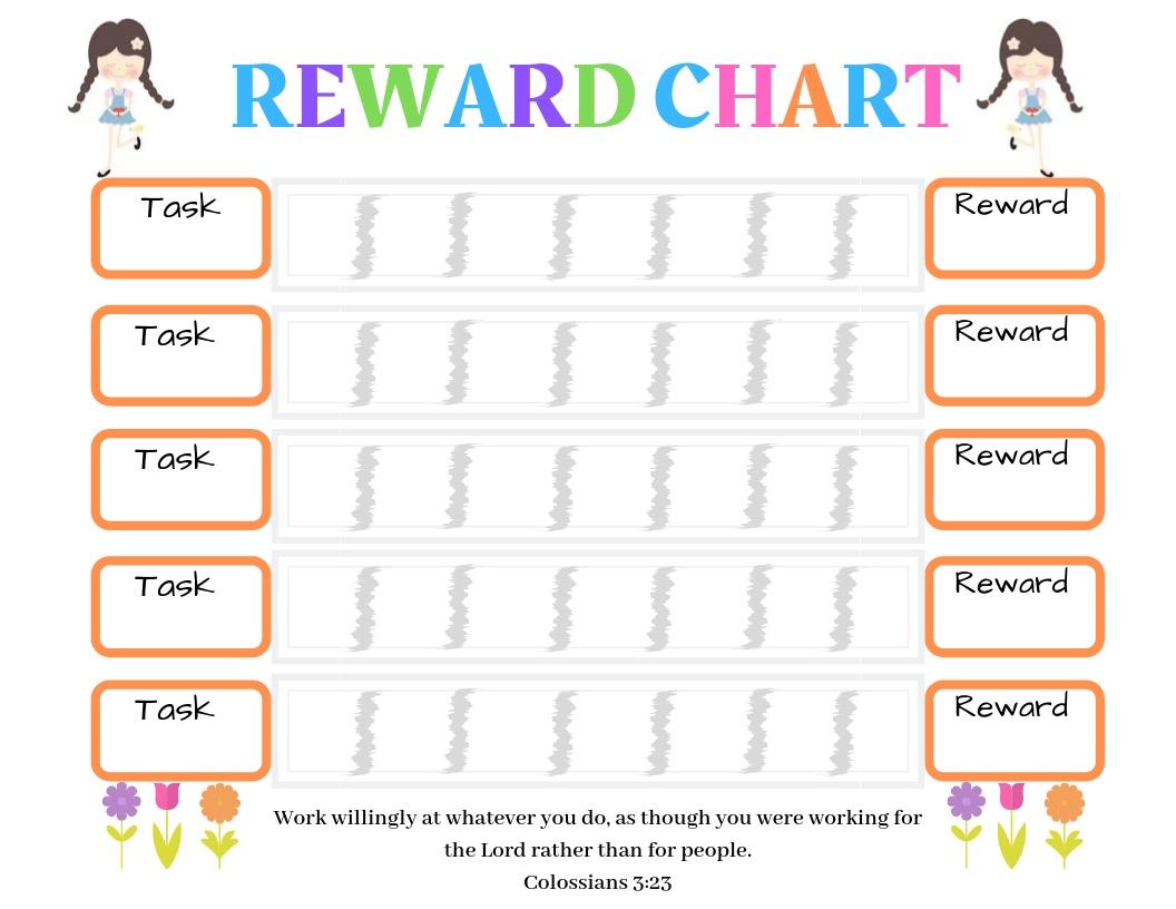 Free Printable Task and Reward Chart for girls with memory verse at the bottom