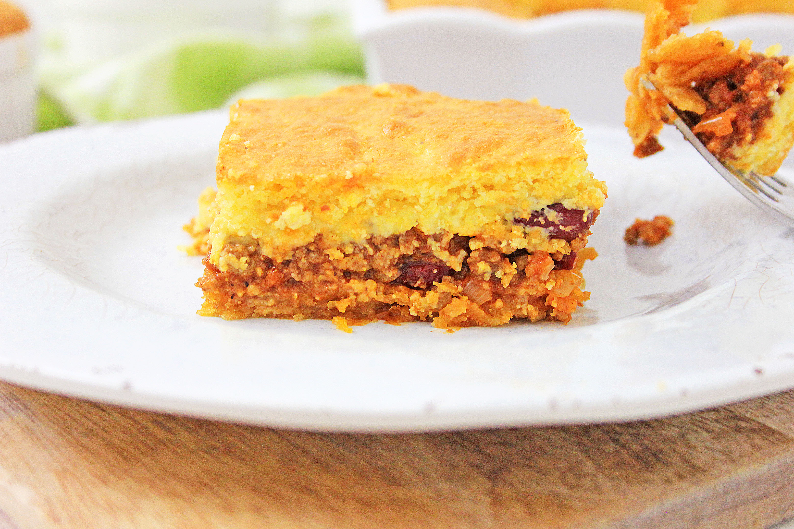 A slice of upside down chili pie
