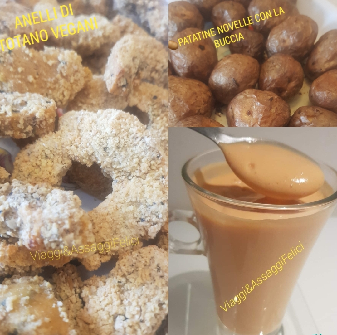 Anelli Di Totano Vegani Serviti Con Salsa Cocktail Affumicata Vegan Ed Accompagnati Da Patatine Novelle Con La Buccia Tutto In Friggitrice Ad Aria Viaggi Assaggifelici
