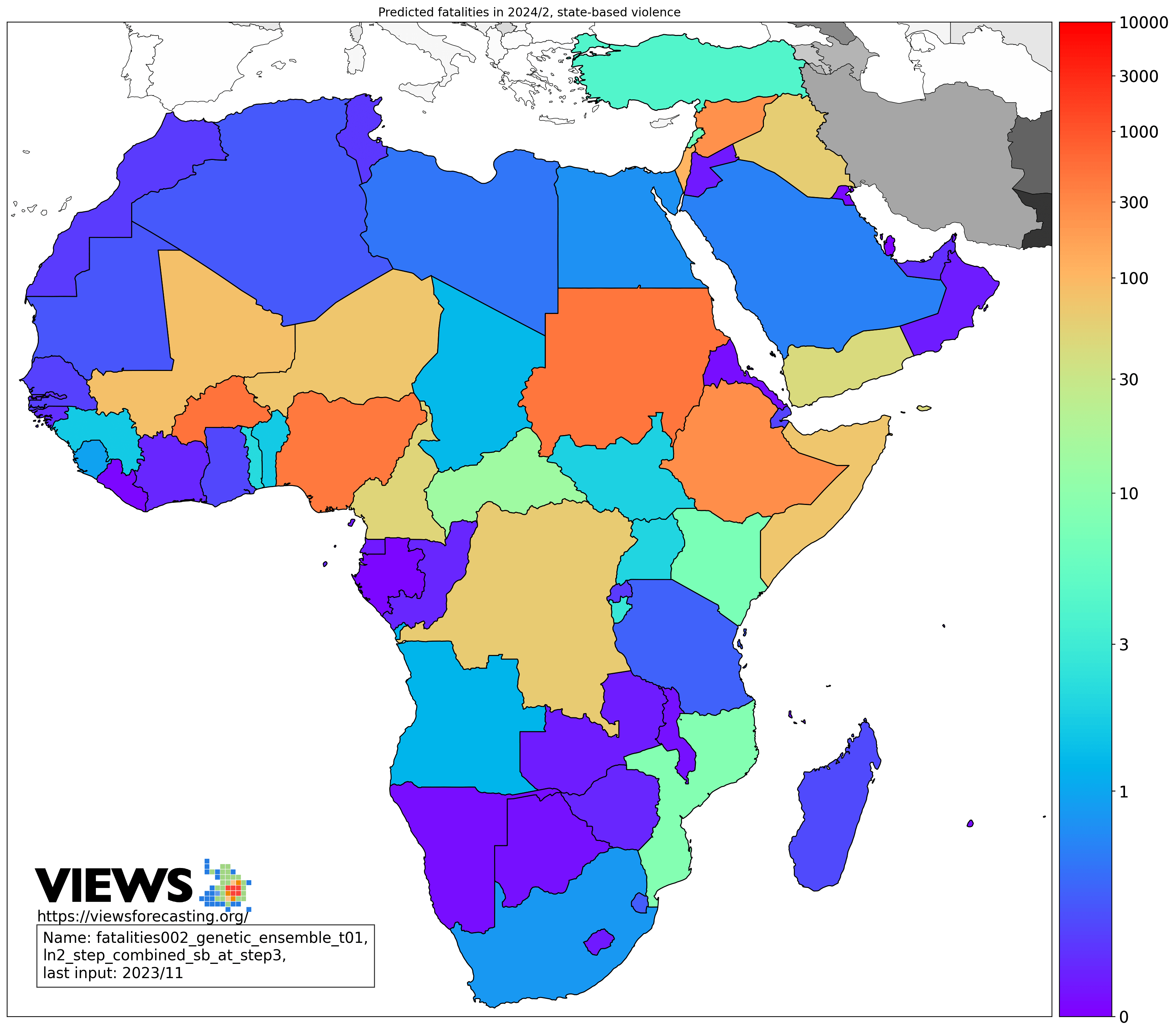 Example plot showing VIEWS conflict forecasts at the country level of analysis