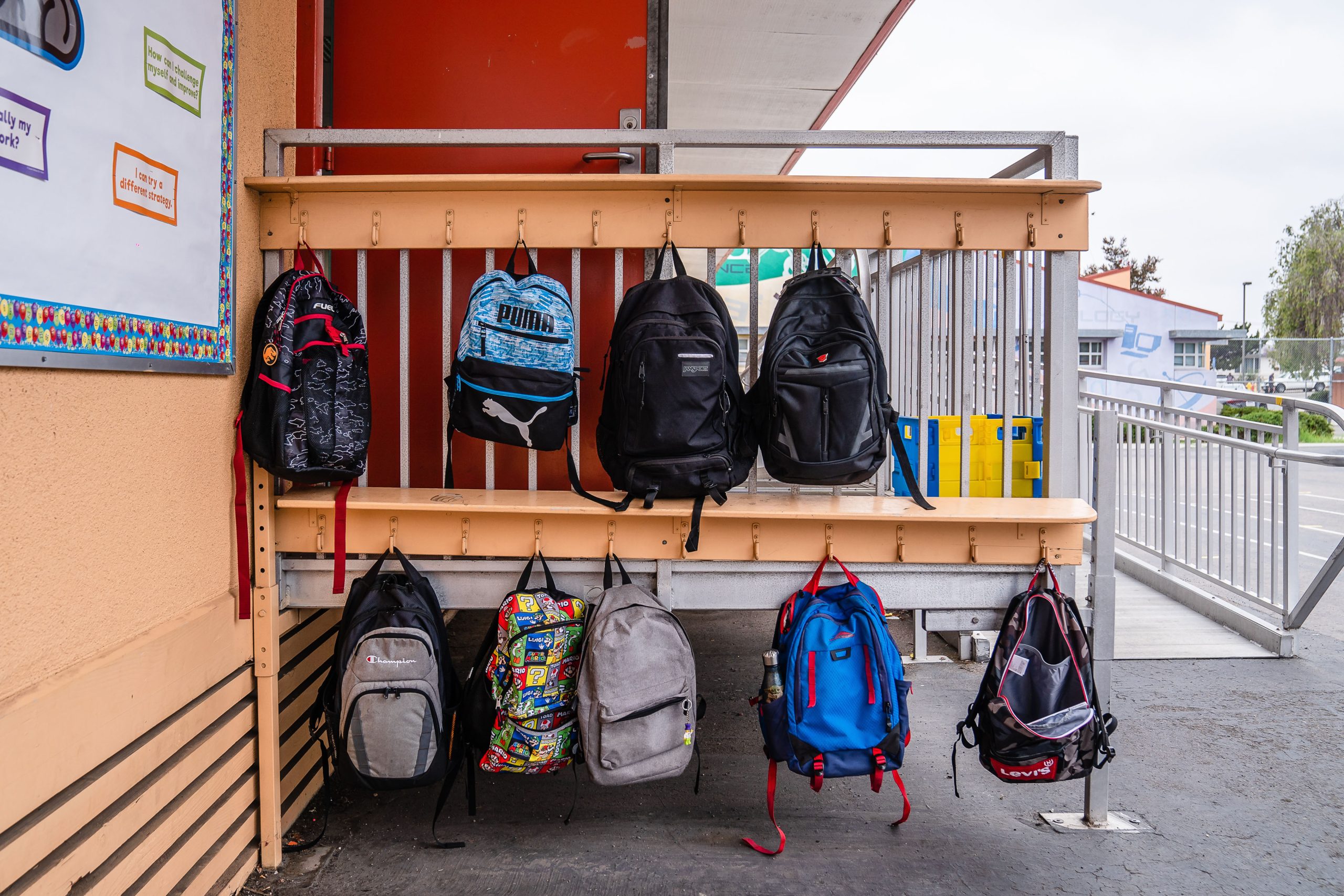 Backpacks of students hang outside a bungalow style classroom at Johnson Elementary School on Sept. 14, 2022. Funding would be used to replace the older style bungalows.