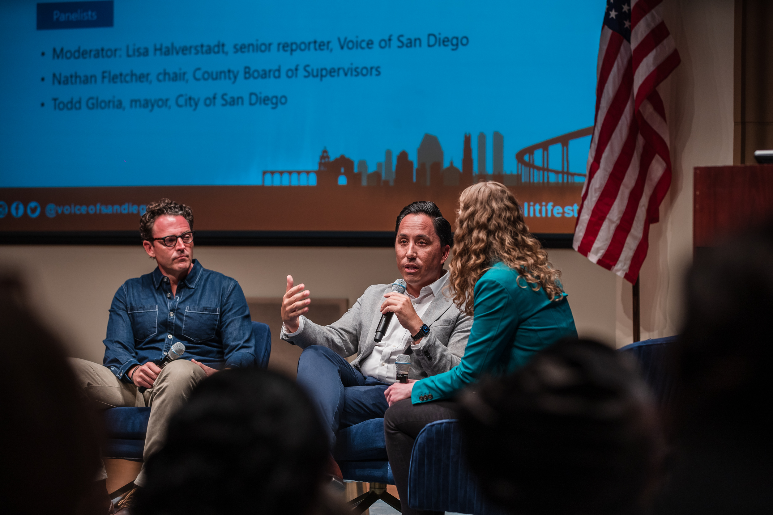 Mayor Todd Gloria and Chair of the San Diego County Board of Supervisors Nathan Fletcher discuss homelessness at a Politifest panel, moderated by Voice of San Diego reporter Lisa Halverstadt on October 8, 2022.