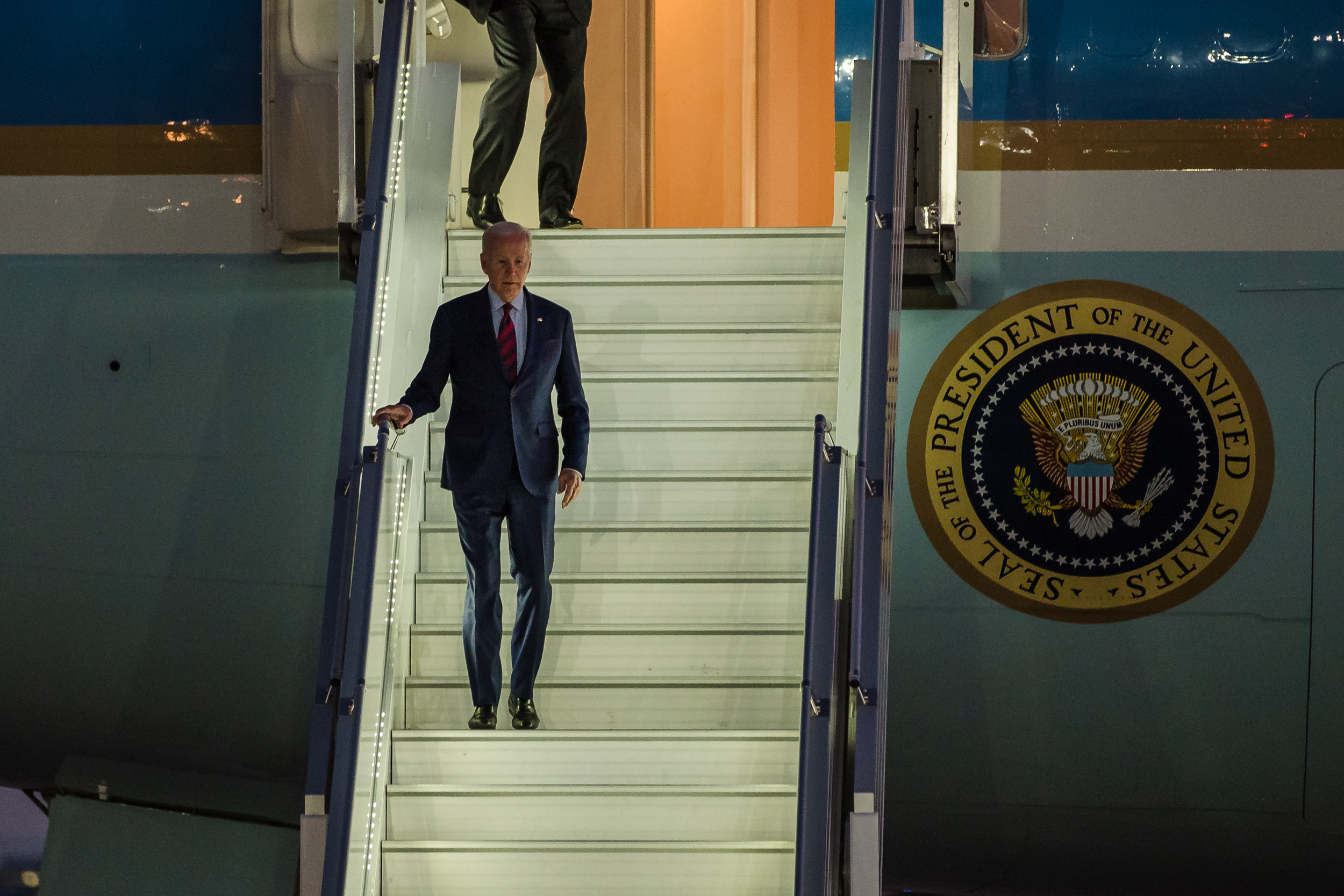 President Biden arrives at Marine Corps Air Station Miramar to attend a get-out-the-vote event for Rep. Mike Levin in Oceanside on Nov. 3, 2022.