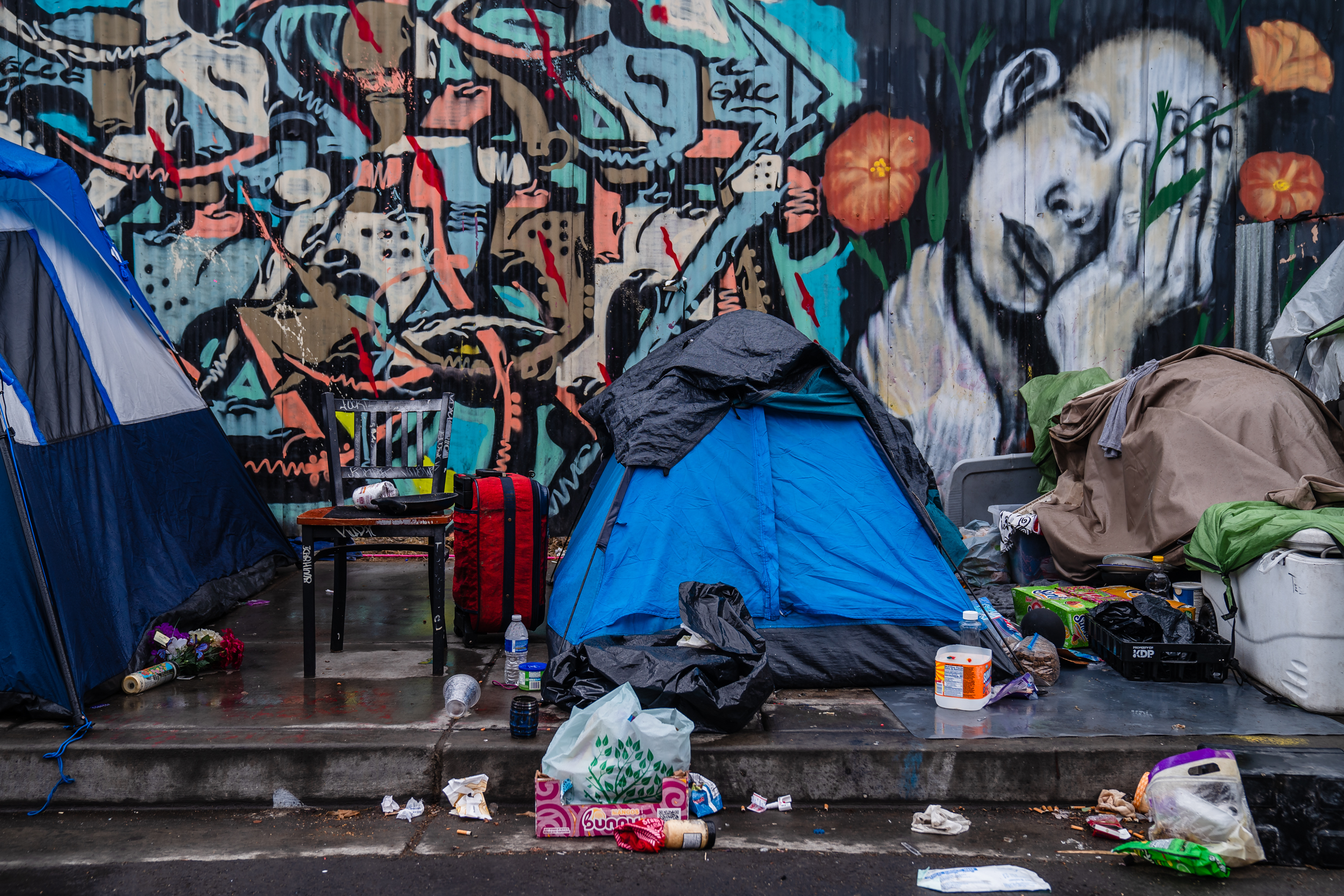 View of a homeless encampment on 16th Street in the East Village on June 14, 2023.