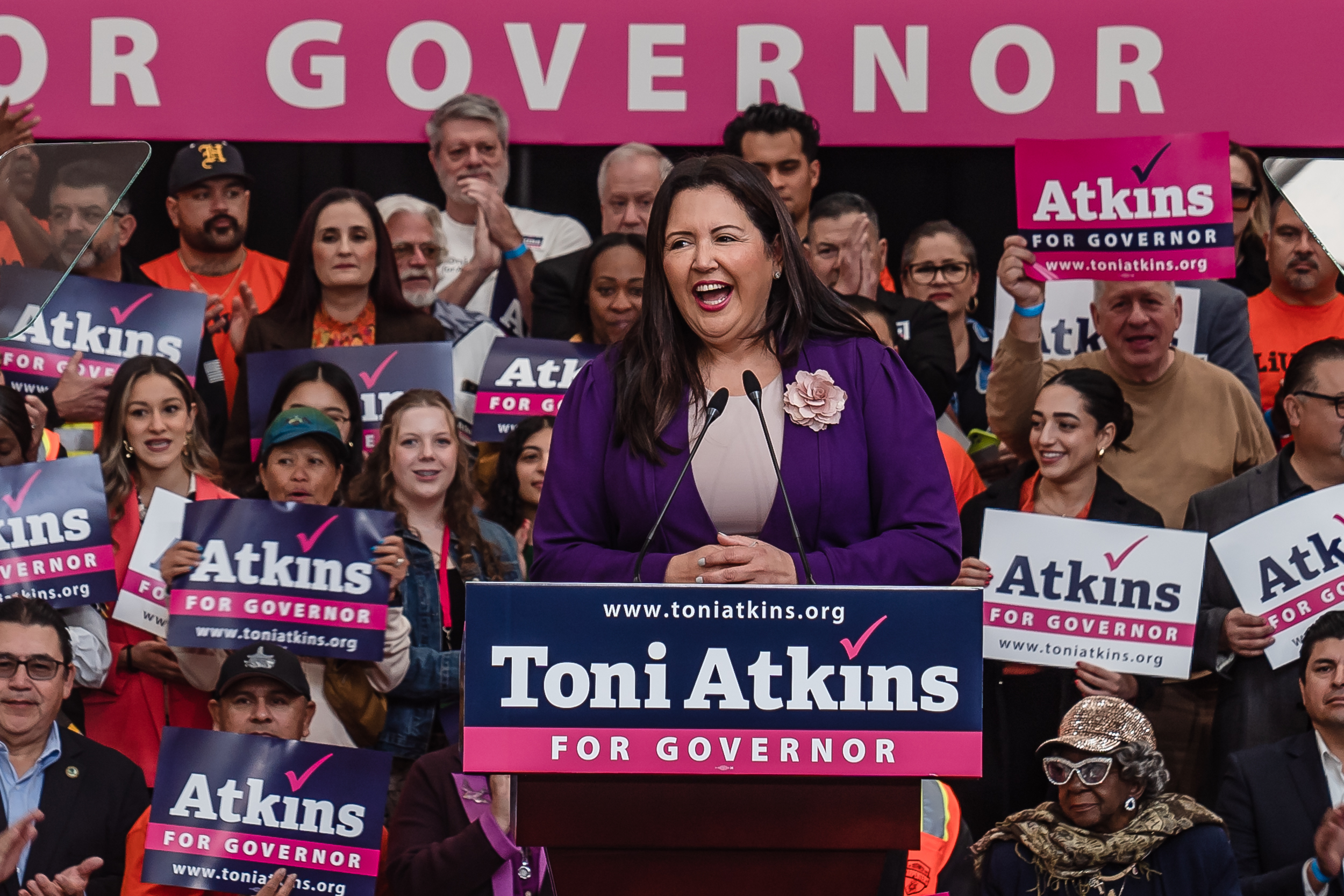 San Diego County Board of Supervisors Chair Nora Vargas speaks before Toni Atkins announces her candidacy for Governor of California in 2026 at the San Diego Air & Space Museum at Balboa Park on Jan. 19, 2024. / Ariana Drehsler for Voice of San Diego
