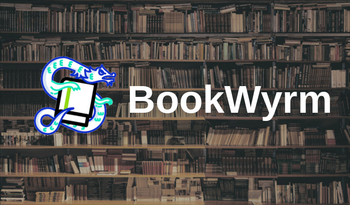 A background of books in a library, with a logo of a snake wrapped around a book and the title: "BookWyrm"