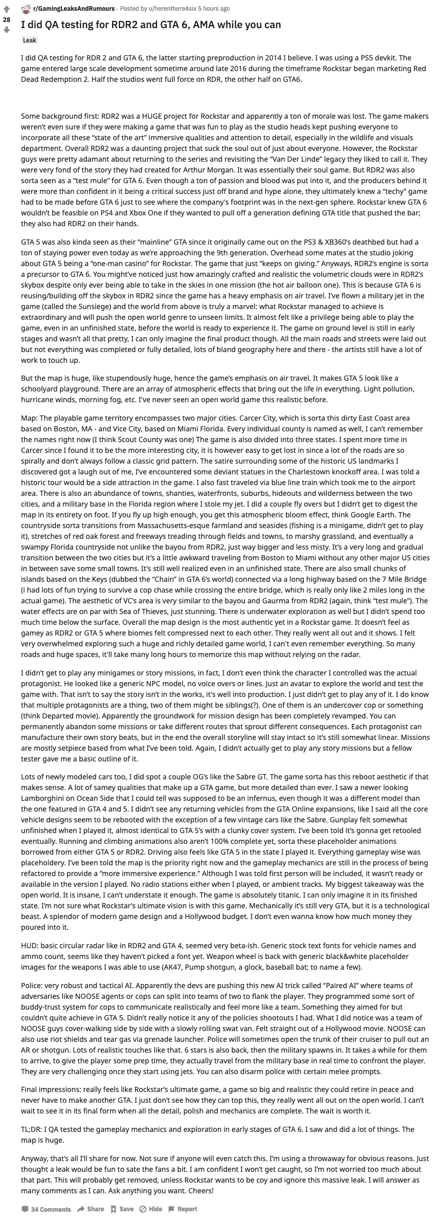 Alleged Rockstar Qa Tester Leaks Gta 6 Info On Reddit