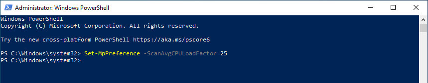 Powershell command to limit Windows Defender CPU usage