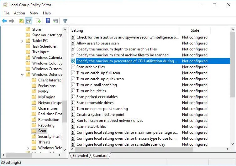 open windows defender cpu usage policy